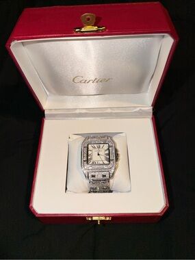 Cartier Silver-Tone Diamond Bezel and Bracelet Watch